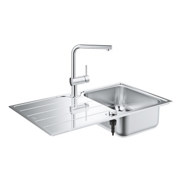 GROHE 31573SD1 - K500 virtuvinės kriauklės komplektas su nutekėjimo plokšte ir A serijos maišytuvu, 86×50 cm, iš nerūdijančio plieno