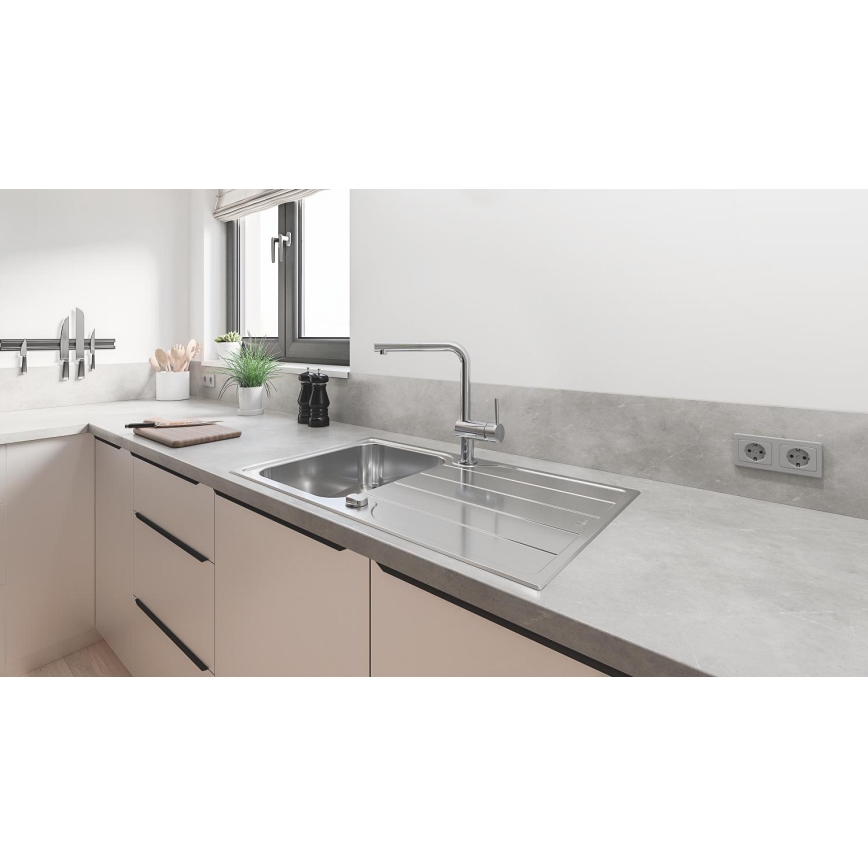 GROHE 31573SD1 - K500 virtuvinės kriauklės komplektas su nutekėjimo plokšte ir A serijos maišytuvu, 86×50 cm, iš nerūdijančio plieno