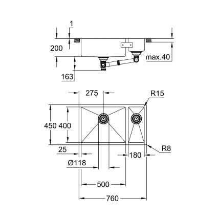 GROHE 31575SD1 - Virtuvinė kriauklė K700U 760 × 450 mm, iš nerūdijančio plieno