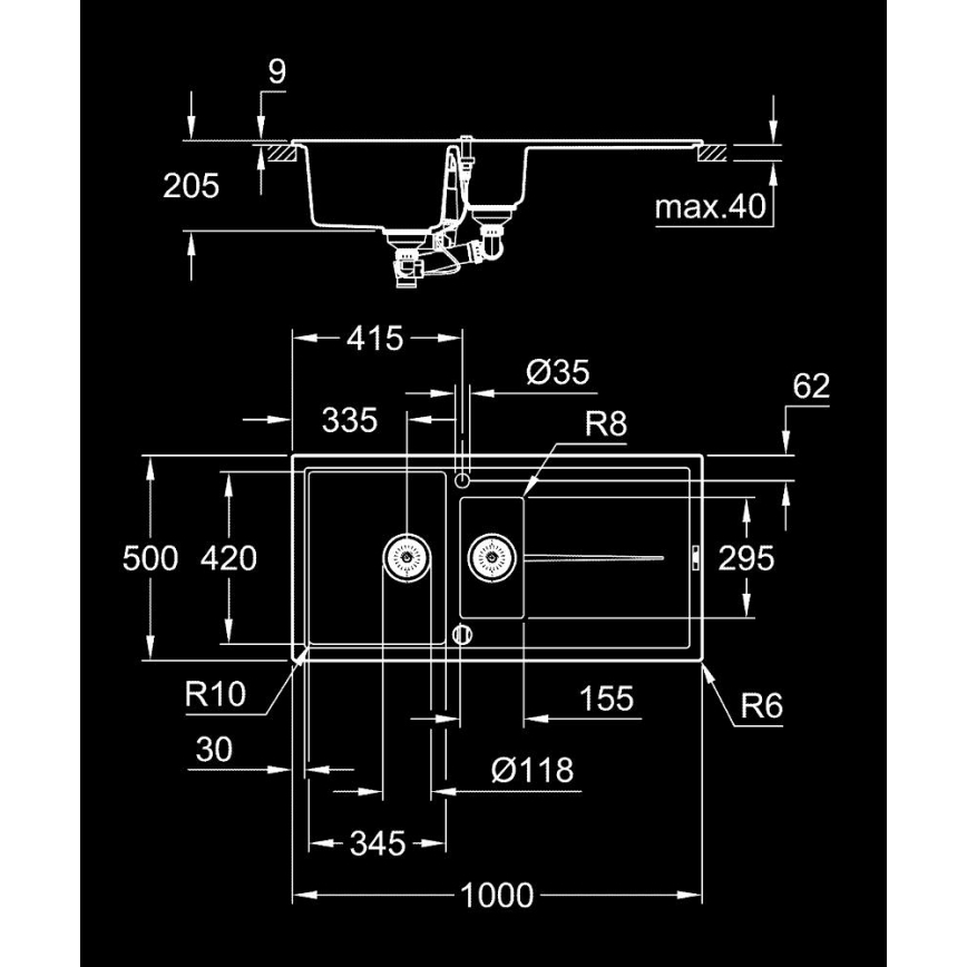 GROHE 31642AP0 - Plautuvė K400 1000 × 500 mm granitinė/juoda