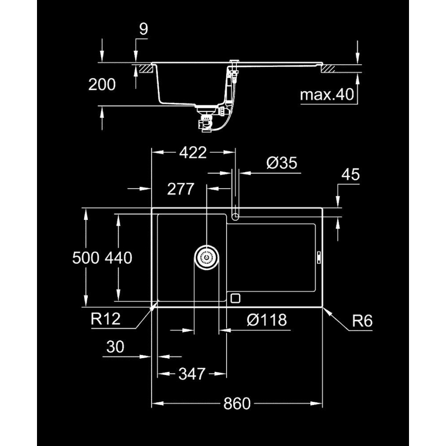 GROHE 31644AP0 - Plautuvė K500 860 × 500 mm granitinė/juoda