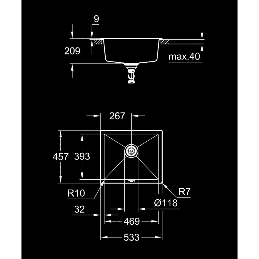 GROHE 31654AP0 - Plautuvė K700U 533 × 457 mm juodas granitas/juoda