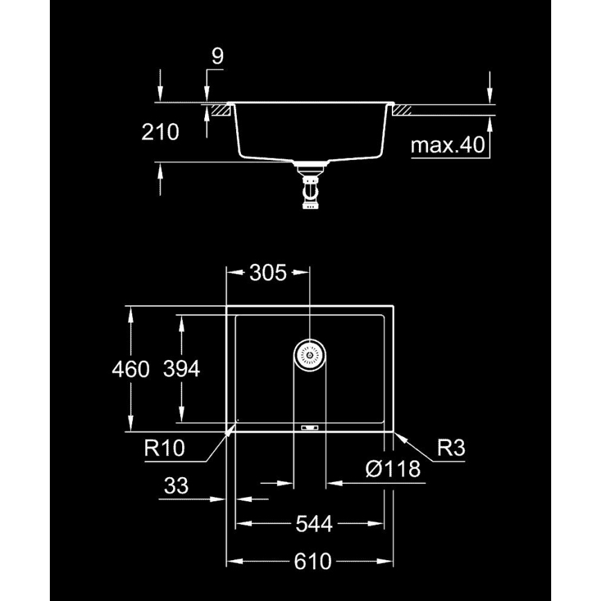GROHE 31655AP0 - Kompozitinė plautuvė K700U 610 × 460 mm juoda