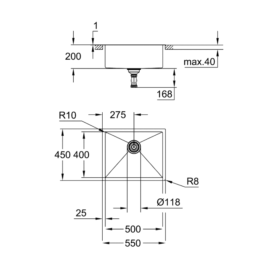 GROHE 31726SD0 - virtuvinė kriauklė K700 550 × 450 mm, iš nerūdijančio plieno