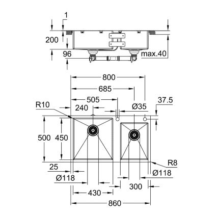 GROHE 31855SD0 - Virtuvinė kriauklė K700 860 × 500 mm, nerūdijančio plieno