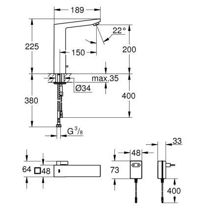 GROHE 36440000 - Infraraudonųjų spindulių elektroninis praustuvo maišytuvas EUROCUBE E DN 15, chromuotas