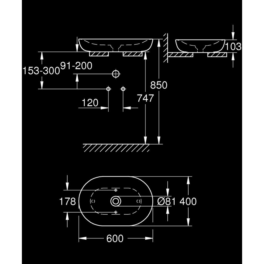 GROHE 3960800H - Praustuvas ant stalviršio ESSENCE 600 × 400 mm keramika/balta