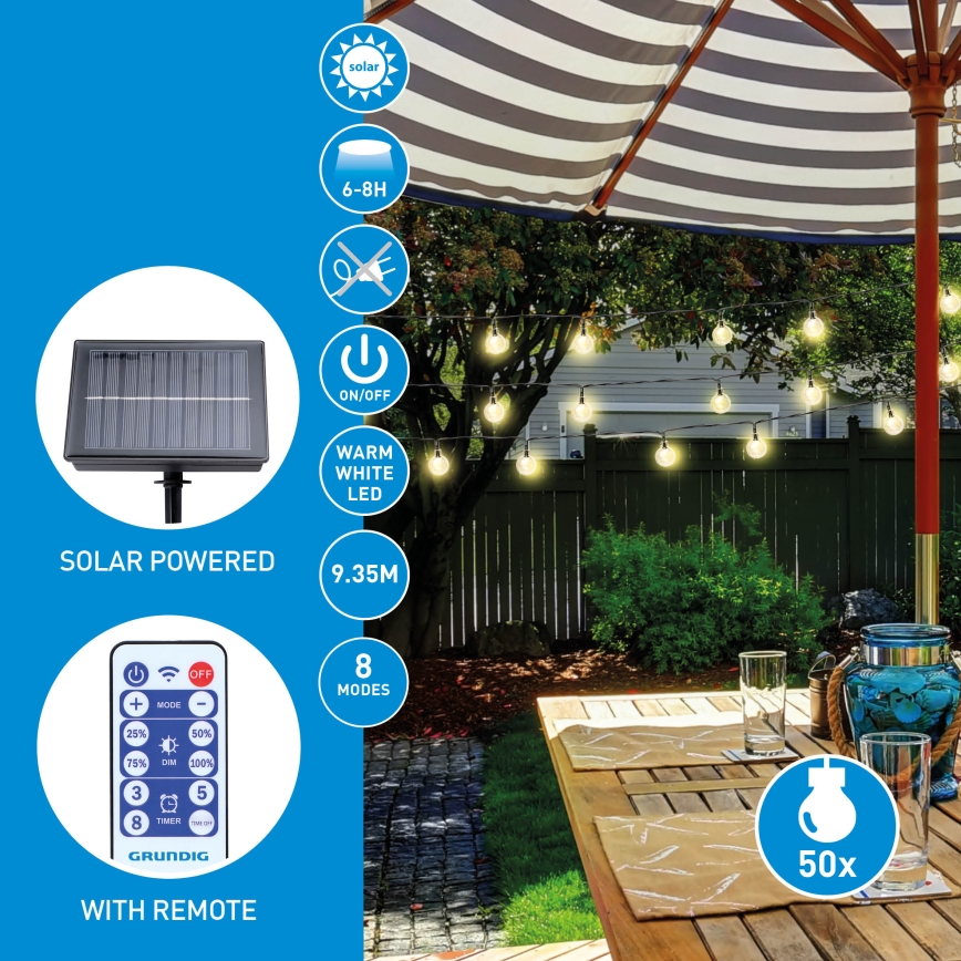 Grundig - LED reguliuojamo ryškumo saulės girlianda, 50 LED / 8 funkcijos, 9,35 m, šiltai balta, 1200 mAh, IP44 + nuotolinio valdymo pultelis
