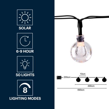 Grundig - LED grandinė, įkraunama saulės šviesa 50xLED/8 funkcijos 6,9m šilta balta