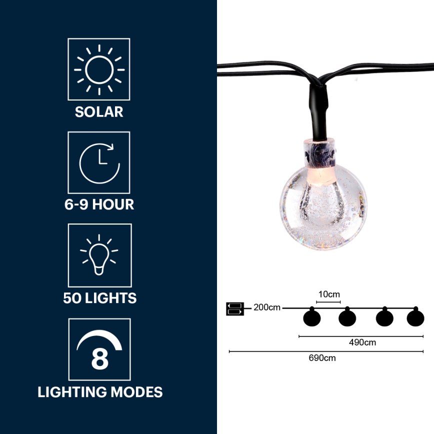 Grundig - LED grandinė, įkraunama saulės šviesa 50xLED/8 funkcijos 6,9m šilta balta