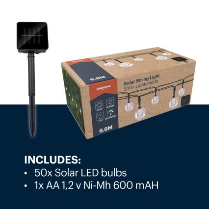 Grundig - LED grandinė, įkraunama saulės šviesa 50xLED/8 funkcijos 6,9m šilta balta
