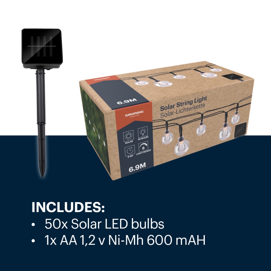 Grundig - LED grandinė, įkraunama saulės šviesa 50xLED/8 funkcijos 6,9m šilta balta