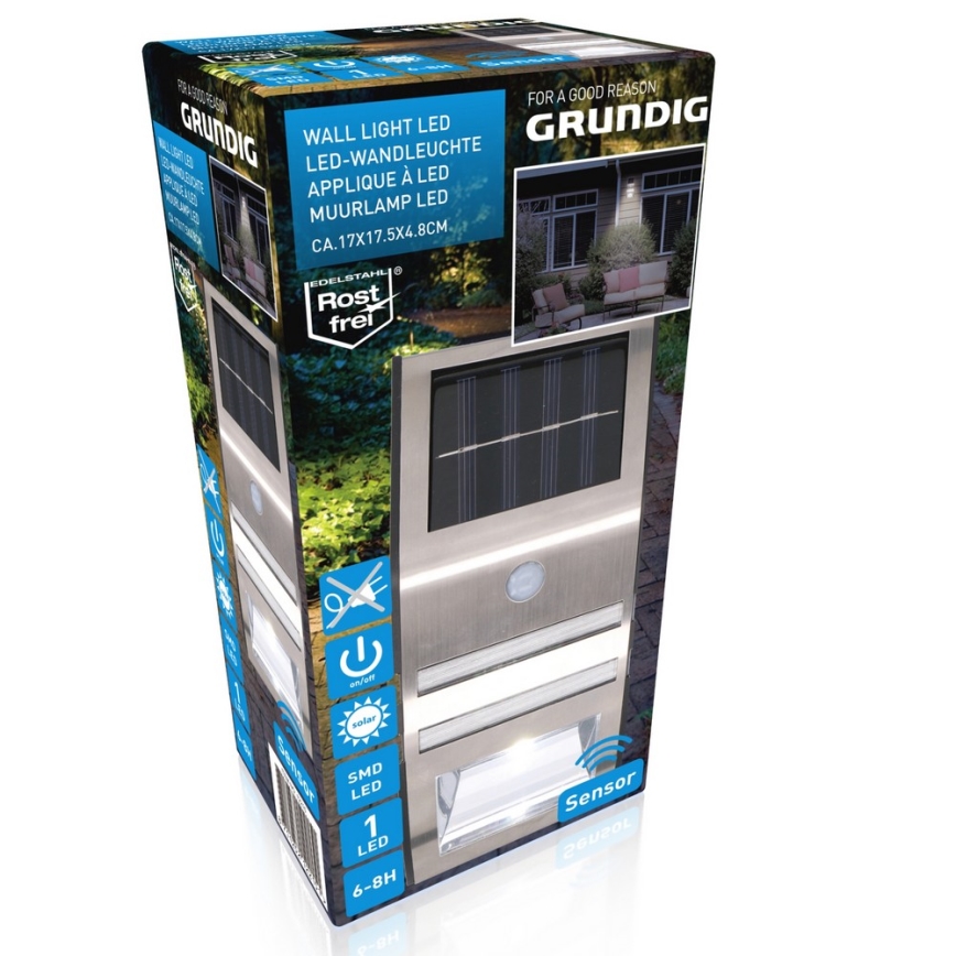 Grundig - LED sieninis šviestuvas su jutikliu, įkraunamas saulės energija LED/1xAA 600mAh IP64