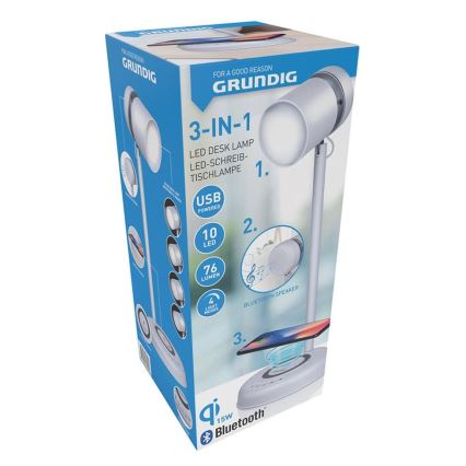 Grundig - LED stalinis šviestuvas su belaidžiu įkrovimu ir garsiakalbiu 3 viename LED/15W/5V