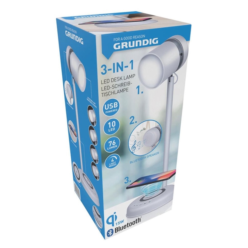 Grundig - LED stalinis šviestuvas su belaidžiu įkrovimu ir garsiakalbiu 3 viename LED/15W/5V