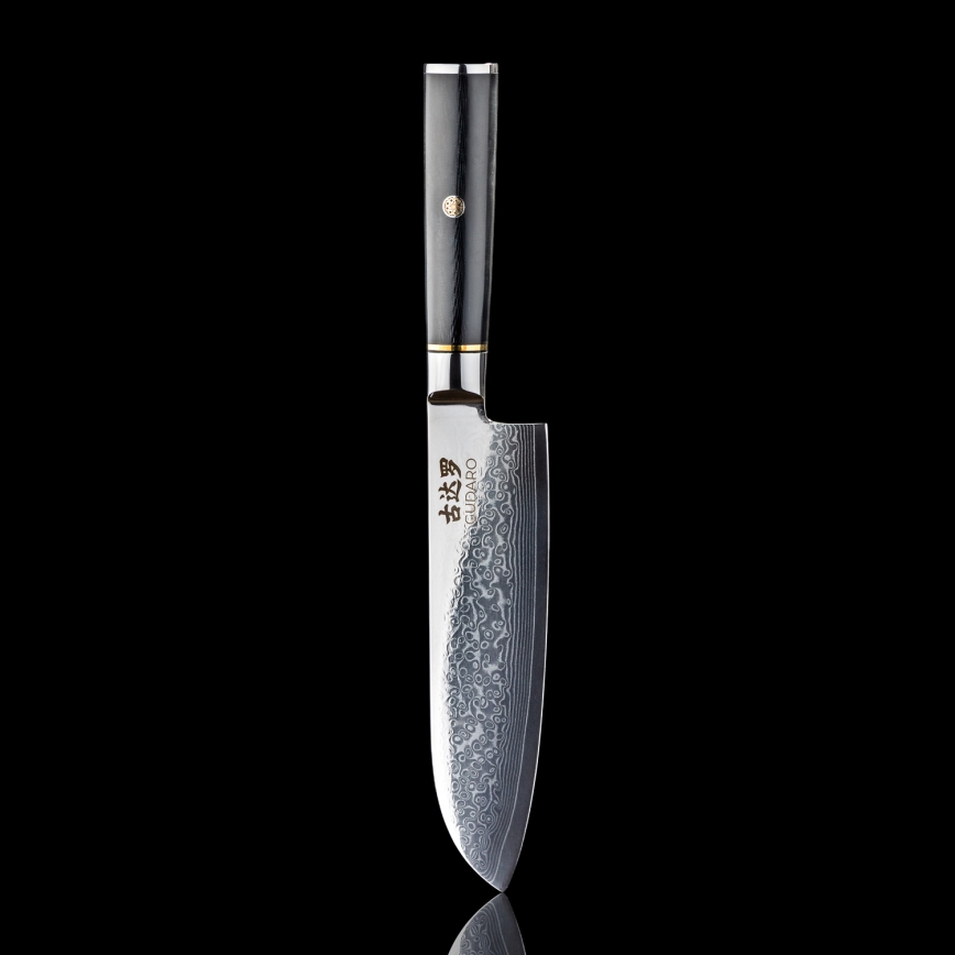 Gudaro - Santoku damasko plieno virtuvinis peilis AKIRO 7, 67 sluoksnių plieno, ašmenų ilgis 17,5 cm, juodas