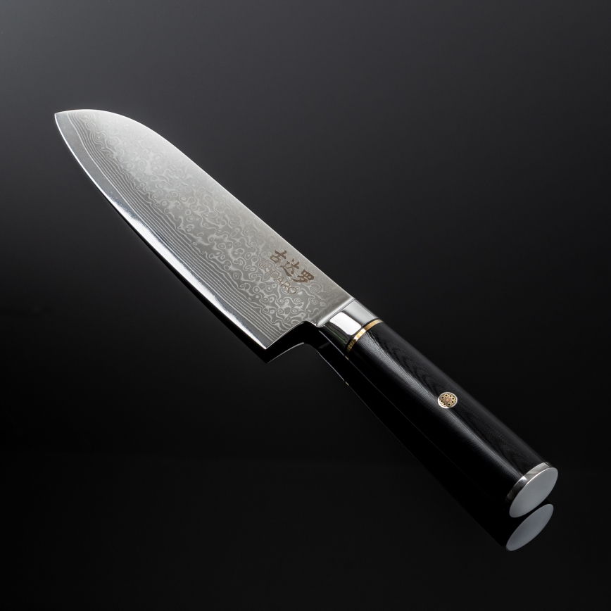 Gudaro - Santoku damasko plieno virtuvinis peilis AKIRO 7, 67 sluoksnių plieno, ašmenų ilgis 17,5 cm, juodas