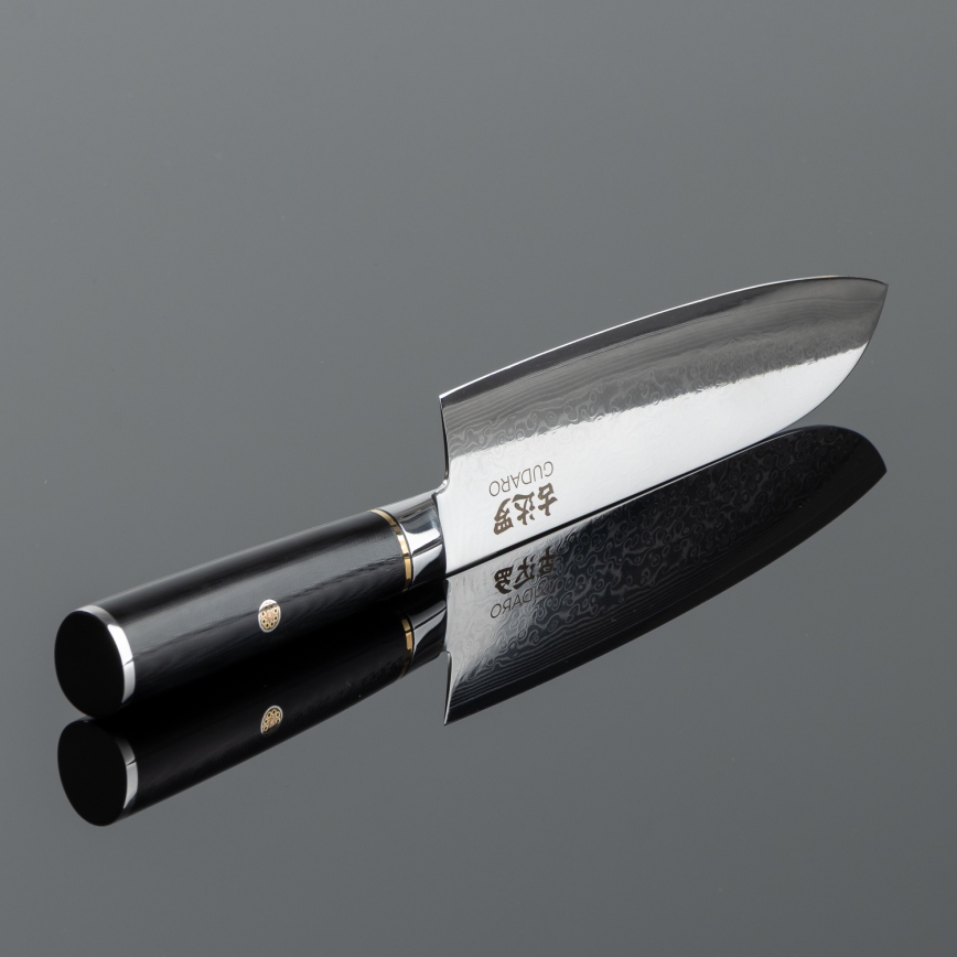Gudaro - Santoku damasko plieno virtuvinis peilis AKIRO 7, 67 sluoksnių plieno, ašmenų ilgis 17,5 cm, juodas