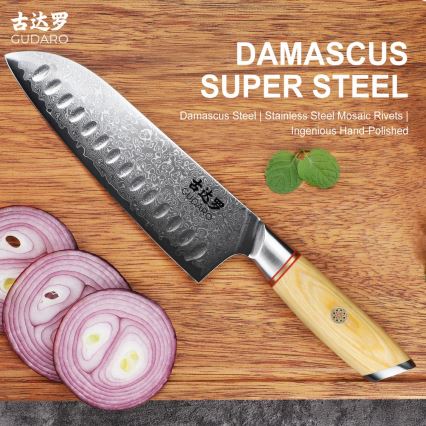 Gudaro - Damasko plieno Santoku virtuvinis peilis HIKARI 7, 67 sluoksnių plieno, ilgis 17,5 cm