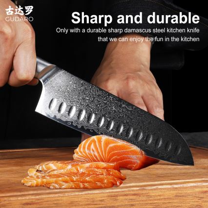 Gudaro - Damasko plieno Santoku virtuvinis peilis HIKARI 7, 67 sluoksnių plieno, ilgis 17,5 cm
