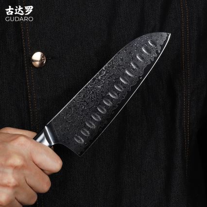 Gudaro - Damasko plieno Santoku virtuvinis peilis HIKARI 7, 67 sluoksnių plieno, ilgis 17,5 cm