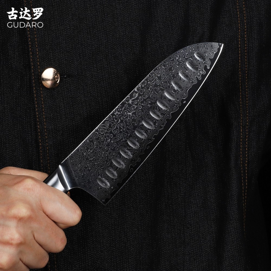 Gudaro - Damasko plieno Santoku virtuvinis peilis HIKARI 7, 67 sluoksnių plieno, ilgis 17,5 cm