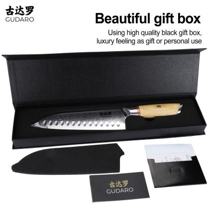 Gudaro - Damasko plieno Santoku virtuvinis peilis HIKARI 7, 67 sluoksnių plieno, ilgis 17,5 cm