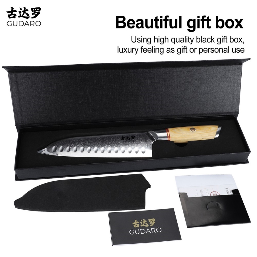 Gudaro - Damasko plieno Santoku virtuvinis peilis HIKARI 7, 67 sluoksnių plieno, ilgis 17,5 cm