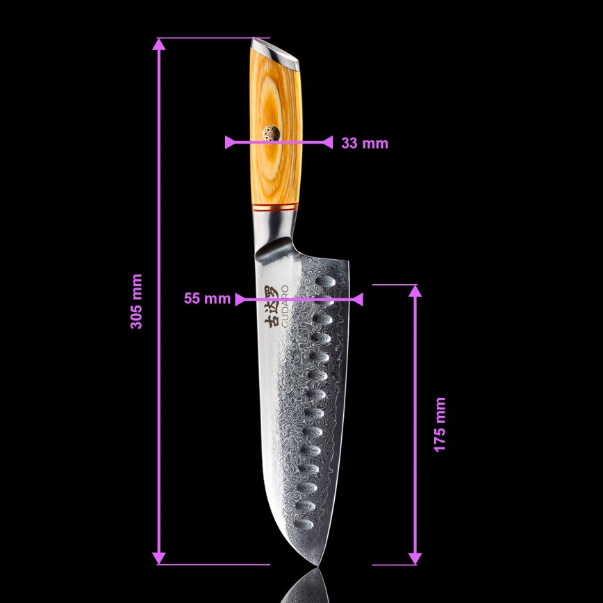 Gudaro - Damasko plieno Santoku virtuvinis peilis HIKARI 7, 67 sluoksnių plieno, ilgis 17,5 cm