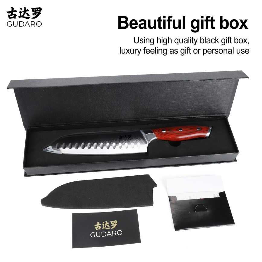 Gudaro - Damasikinis Santoku virtuvinis peilis KENSHO 7, 67 plieno sluoksnių, ilgis 17,5 cm