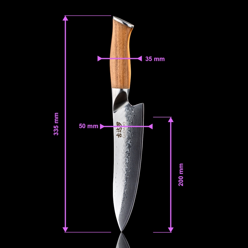 Gudaro - Damasko plieno šefinis peilis TAKUMI 8, 67 sluoksnių, ilgis 20 cm, riešutmedis
