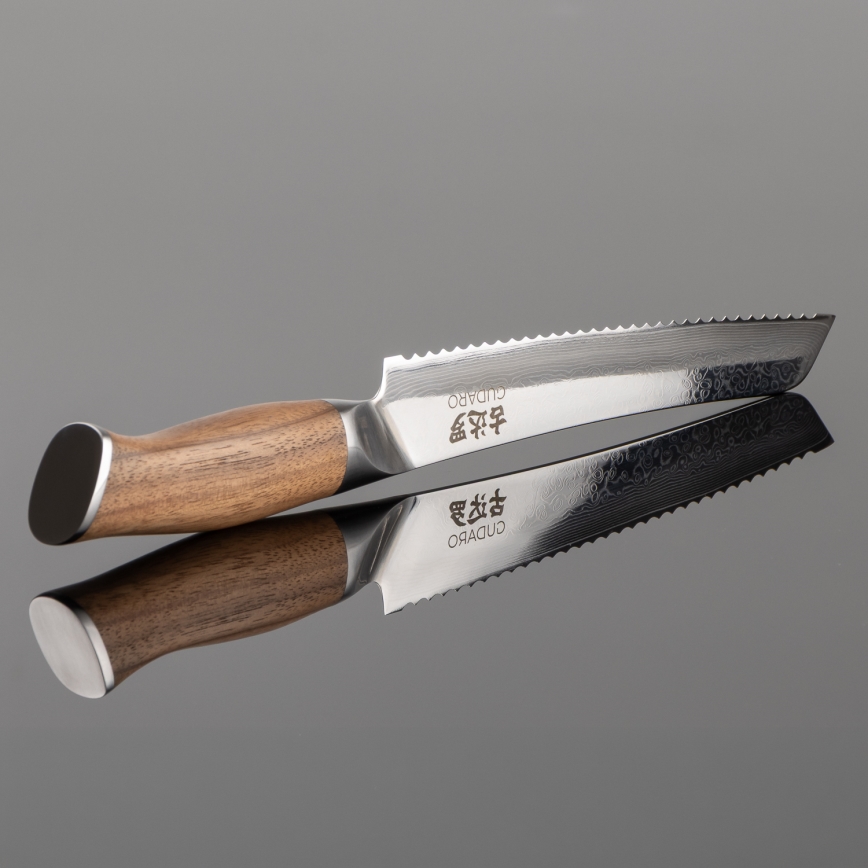 Gudaro - Damasko plieno duonos peilis TAKUMI 8, 67 sluoksnių plieno, ilgis 20 cm, riešutas