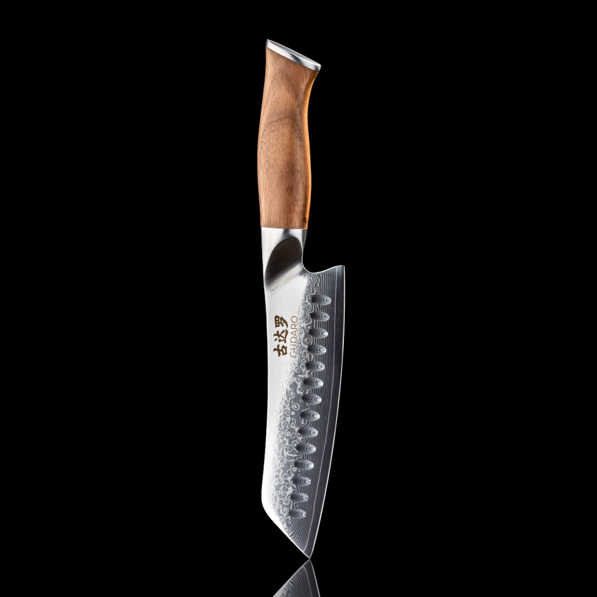 Gudaro - Damaško plieno Santoku virtuvinis peilis TAKUMI 7, 67 plieno sluoksnių, ilgis 17,5 cm, riešutmedis