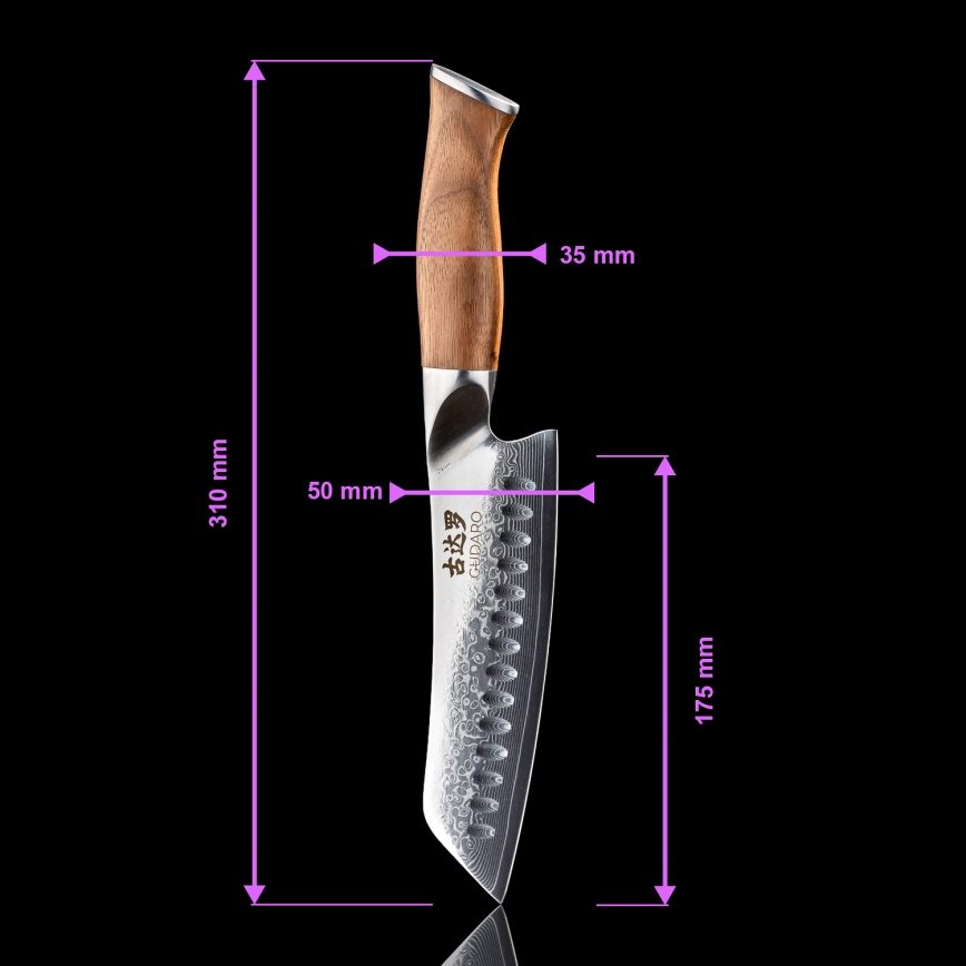 Gudaro - Damaško plieno Santoku virtuvinis peilis TAKUMI 7, 67 plieno sluoksnių, ilgis 17,5 cm, riešutmedis