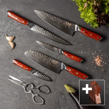 Gudaro rinkinys 5x damasko plieno virtuvinis peilis MIYABI + peilių stovas ir žirklės paukštienai