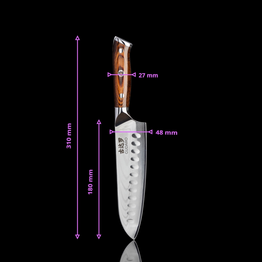 Gudaro - RINKINYS 1x damaskinis šefinis peilis FENG 8, 67 sluoksnių plieno, ilgis 20 cm + 1x damaskinis Santoku virtuvinis peilis FENG 7,5, 67 sluoksnių plieno, ilgis 18 cm + 1x NEMOKAMAI damaskinis vaisių peilis FENG 3,5, 67 sluoksnių plieno, ilg