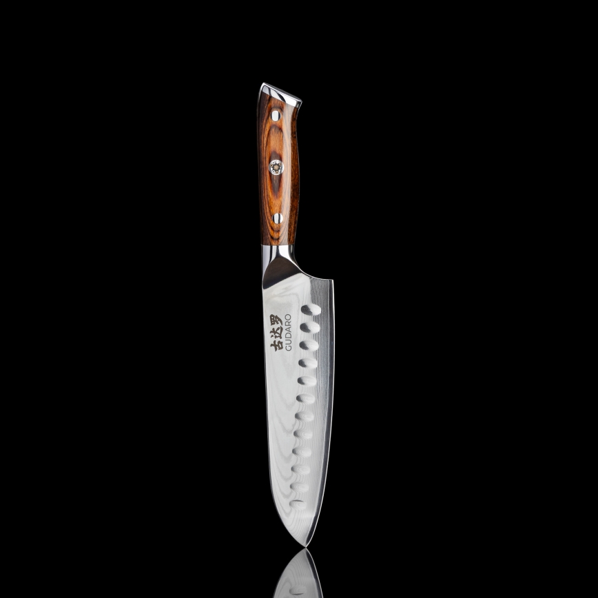 Gudaro - RINKINYS 1x damasko plieno šefo peilis FENG 8, 67 sluoksnių plieno, ašmenų ilgis 20 cm + 1x damasko plieno Santoku virtuvinis peilis FENG 7,5, 67 sluoksnių plieno, ašmenų ilgis 18 cm + 1x NEMOKAMAI damasko plieno virtuvinis peilis FENG 3,5