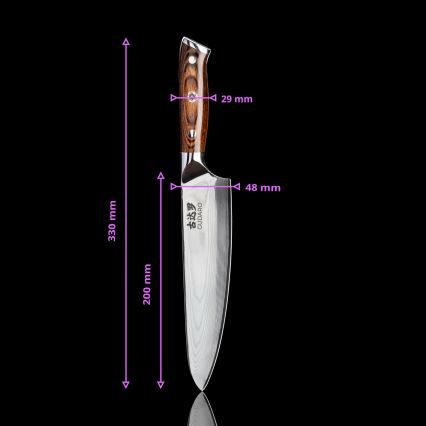 Gudaro - RINKINYS 1x damasko plieno šefo peilis FENG 8, 67 sluoksnių plieno, ašmenų ilgis 20 cm + 1x damasko plieno Santoku virtuvinis peilis FENG 7,5, 67 sluoksnių plieno, ašmenų ilgis 18 cm + 1x NEMOKAMAI damasko plieno virtuvinis peilis FENG 3,5