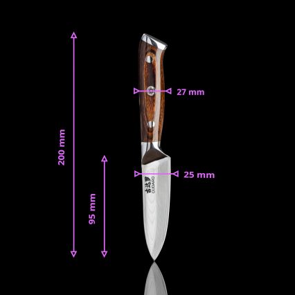 Gudaro - RINKINYS 1x damasko plieno šefo peilis FENG 8, 67 sluoksnių plieno, ašmenų ilgis 20 cm + 1x damasko plieno Santoku virtuvinis peilis FENG 7,5, 67 sluoksnių plieno, ašmenų ilgis 18 cm + 1x NEMOKAMAI damasko plieno virtuvinis peilis FENG 3,5
