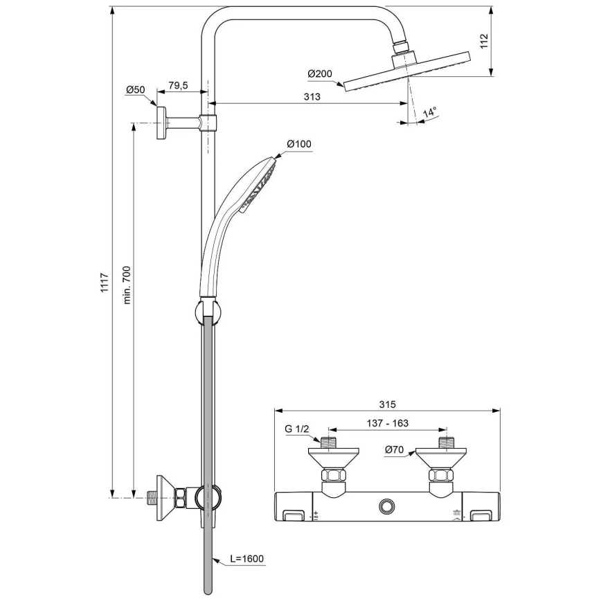 Ideal Standard A7208AA - dušo rinkinys su termostatiniu maišytuvu CERATHERM T25, blizgus chromas