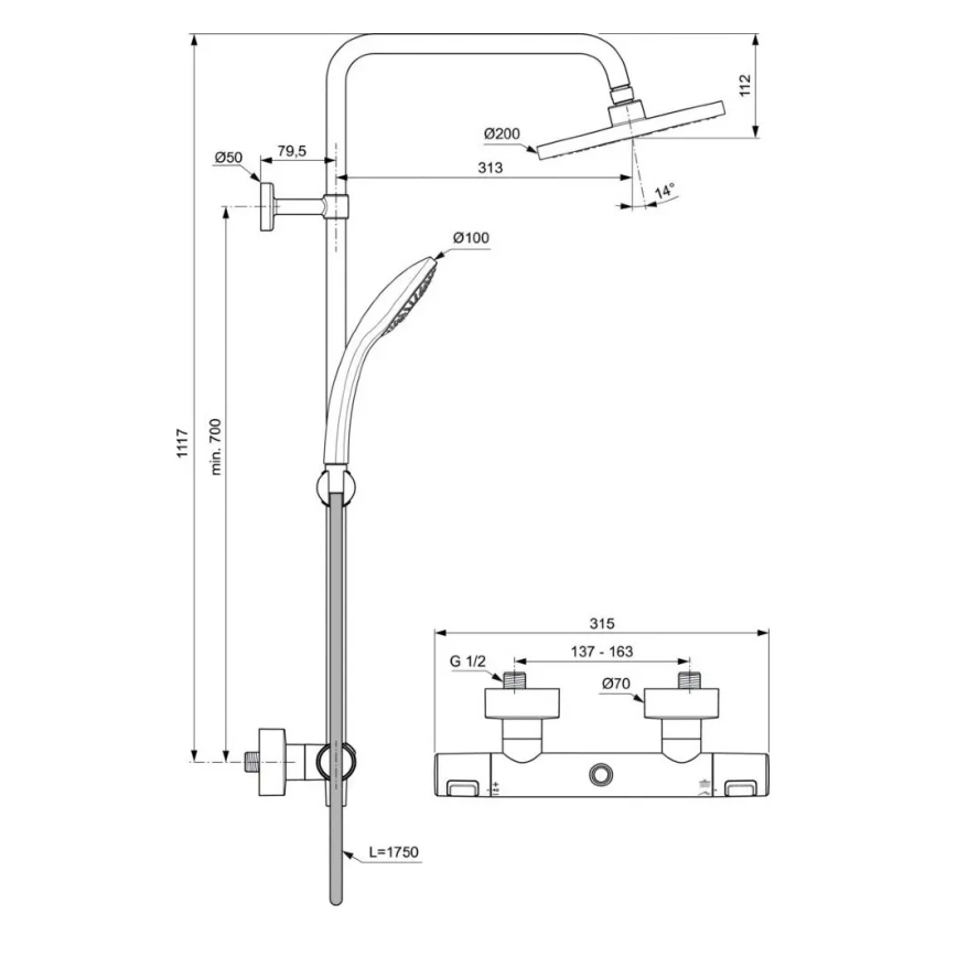 Ideal Standard A7545XG - dušo komplektas su termostatiniu maišytuvu CERATHERM T25 matinė juoda