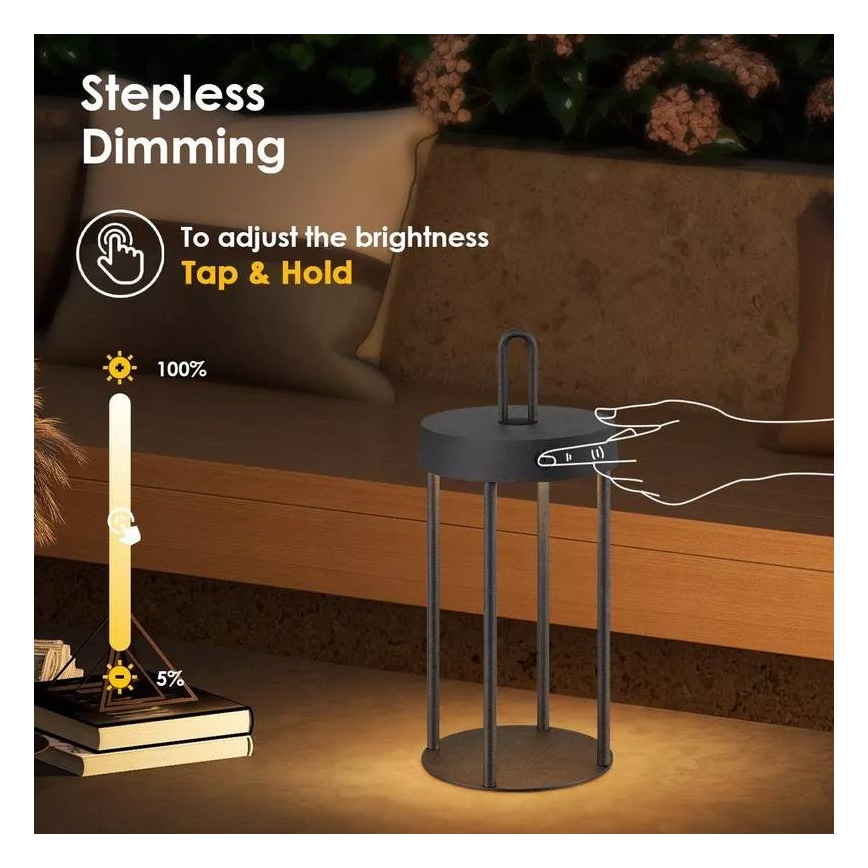 LED reguliuojama lauko įkraunama jutiklinė stalo lempa GENTLE LED/1,5W/3,7V 3000 mAh IP44 juoda