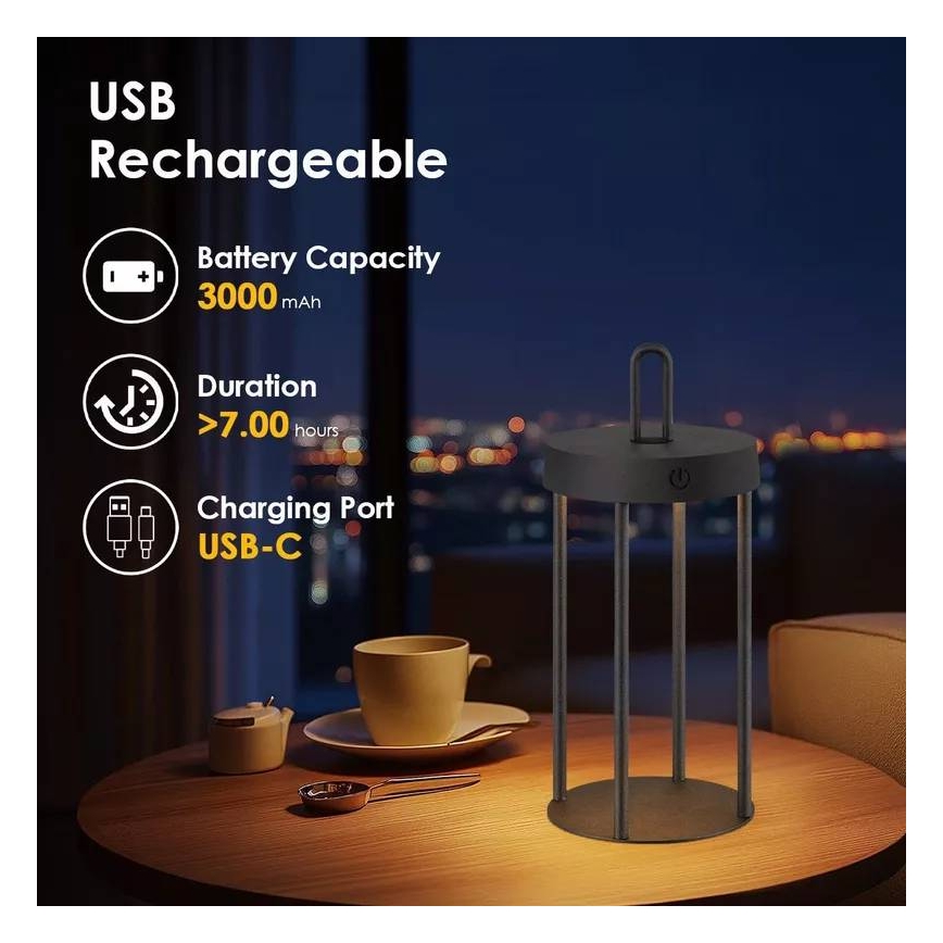 LED reguliuojama lauko įkraunama jutiklinė stalo lempa GENTLE LED/1,5W/3,7V 3000 mAh IP44 juoda