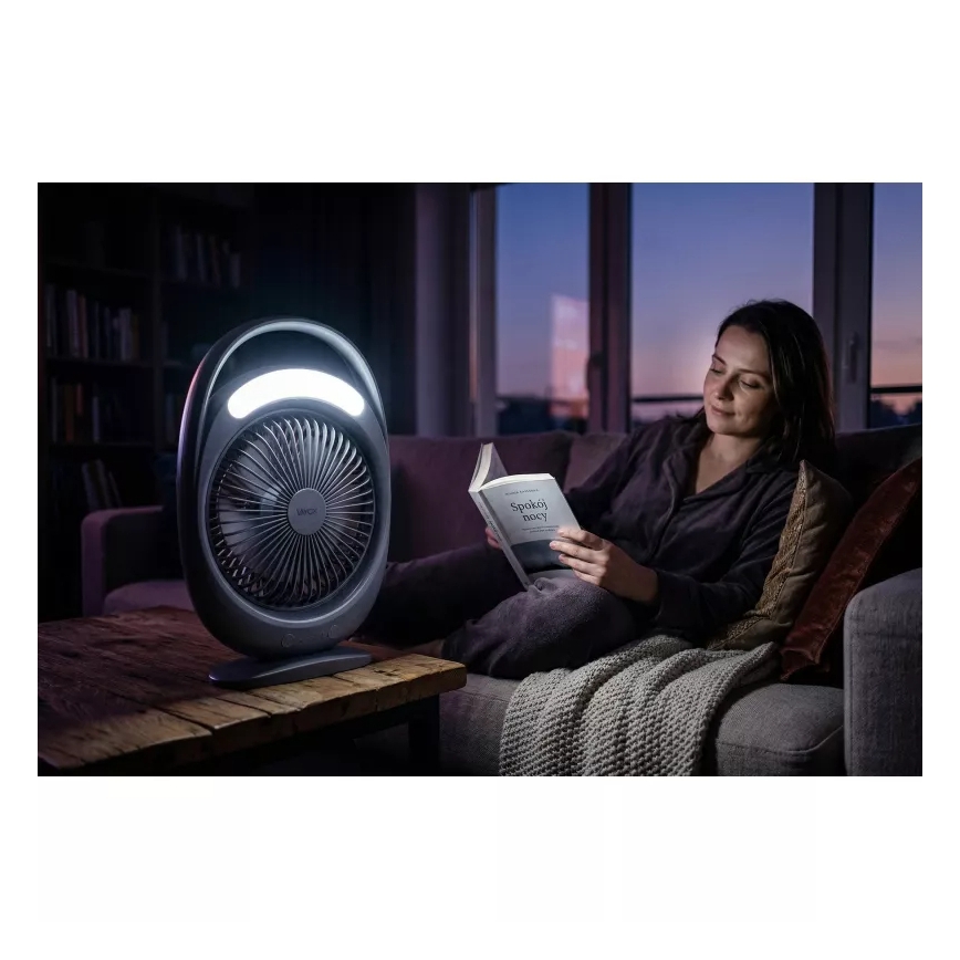 Įkraunamas stalinis ventiliatorius su LED apšvietimu LED/2,8W/5V USB 2400 mAh pilkas