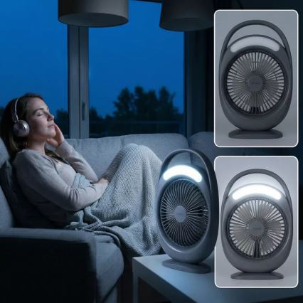 Įkraunamas stalinis ventiliatorius su LED apšvietimu LED/2,8W/5V USB 2400 mAh pilkas