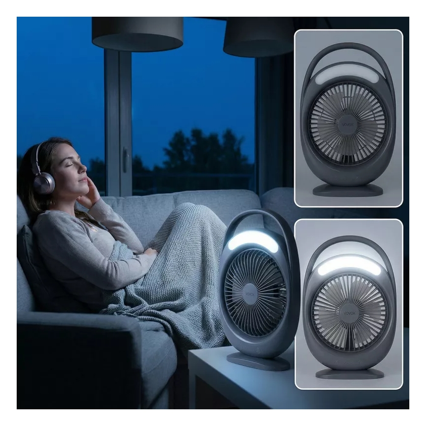 Įkraunamas stalinis ventiliatorius su LED apšvietimu LED/2,8W/5V USB 2400 mAh pilkas