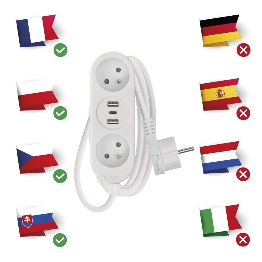 Ilgiklis su 2 lizdais, 2x USB‑A ir USB‑C, 1,4 m