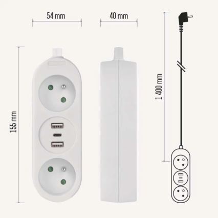 Ilgiklis su 2 lizdais, 2x USB‑A ir USB‑C, 1,4 m
