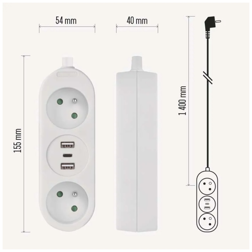 Ilgiklis su 2 lizdais, 2x USB‑A ir USB‑C, 1,4 m