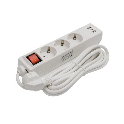Ilgintuvas su jungikliu, 3 lizdai + 2x USB-A + 1x USB-C, 3 m, SCHUKO, baltas